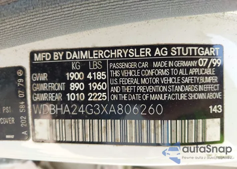 1999 Mercedes-Benz C 230 Kompressor z USA, uszkodzony, nr VIN WDBHA24G3XA806260